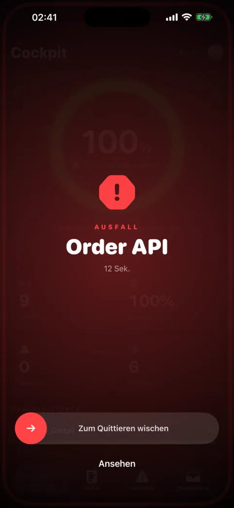 Vollbild-Ausfallalarm von Perstat für Order API auf dem iPhone mit Wisch-Schaltfläche zum Quittieren