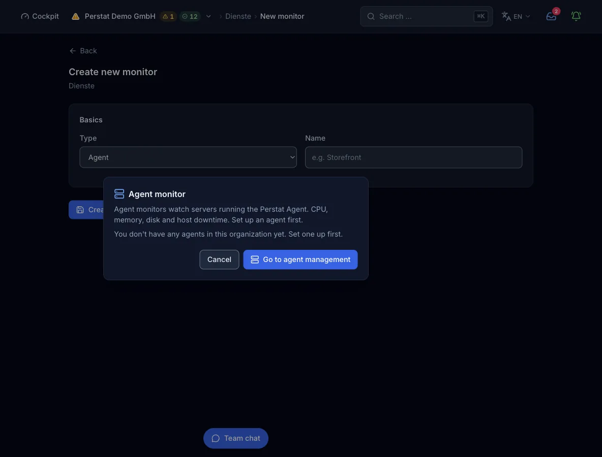 The monitor form with type Agent: the agent selection, the metric, and the threshold in percent, then the severity of a breach and the push notification switch.