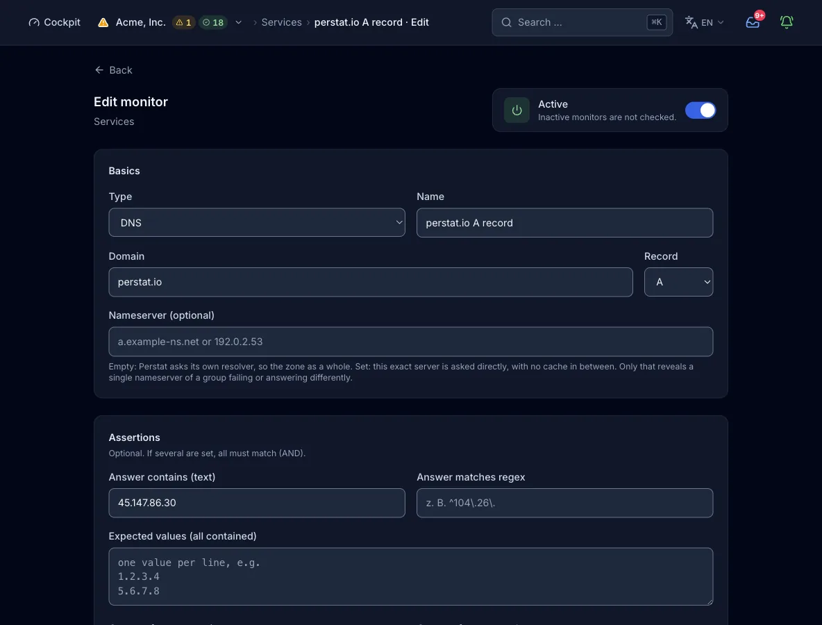 The monitor form with type DNS: the name perstat.io, record type A, and the optional nameserver field with its help text. It also shows the assertions for answer text, answer regex, and the list of expected values.