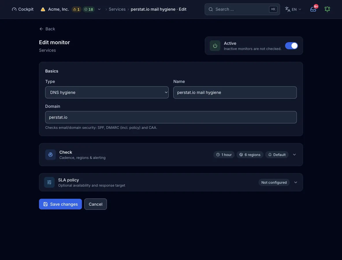 The monitor form with type DNS hygiene: the name and the Domain field with perstat.io. A note says that SPF, DMARC including policy, and CAA are checked. It also shows the check section with interval, regions, and alerting.
