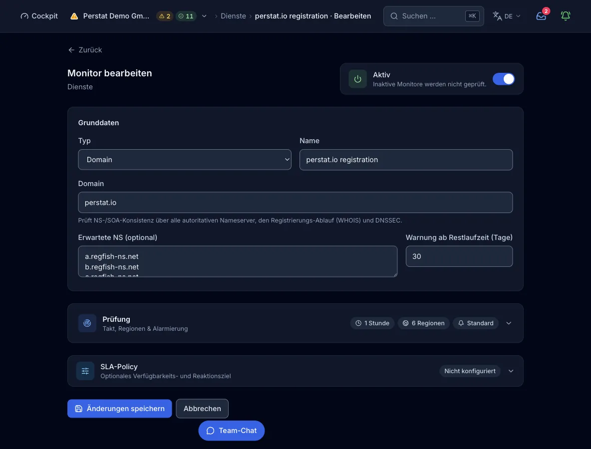 Das Monitor-Formular mit Typ Domain: das Domain-Feld, das Textfeld für erwartete Nameserver mit einem je Zeile und die Warnschwelle für den Ablauf der Registrierung in Tagen.
