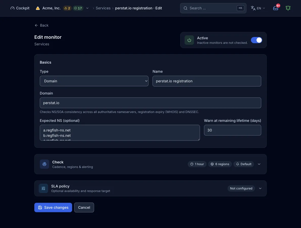 The monitor form with type Domain: the domain field, the text area for expected nameservers, one per line, and the warning threshold for the registration expiry in days.