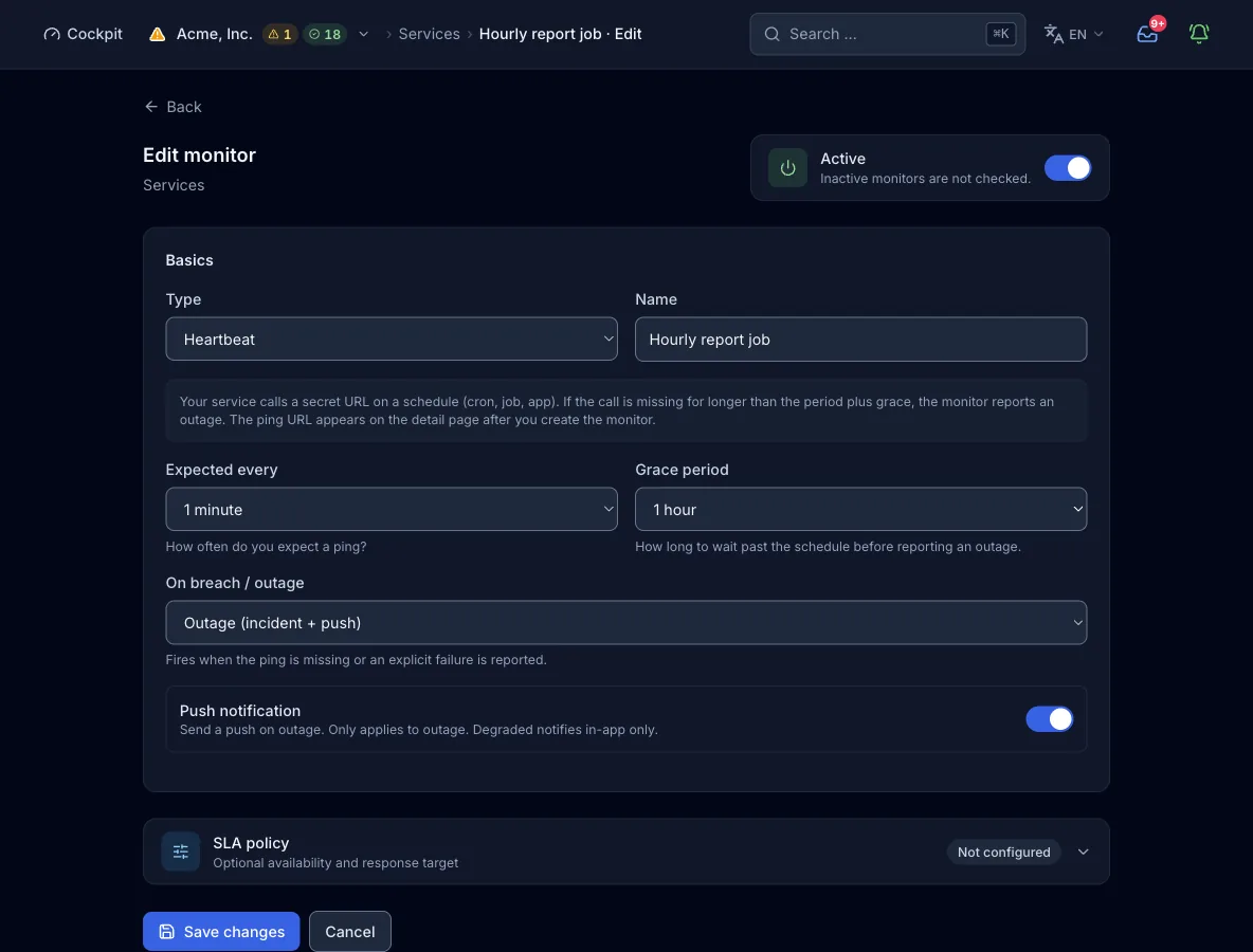 The monitor form with type Heartbeat: name, the expected period, and the grace period, then the choice between outage and degraded on a breach and the push notification switch. There are no interval, regions, or policy fields.
