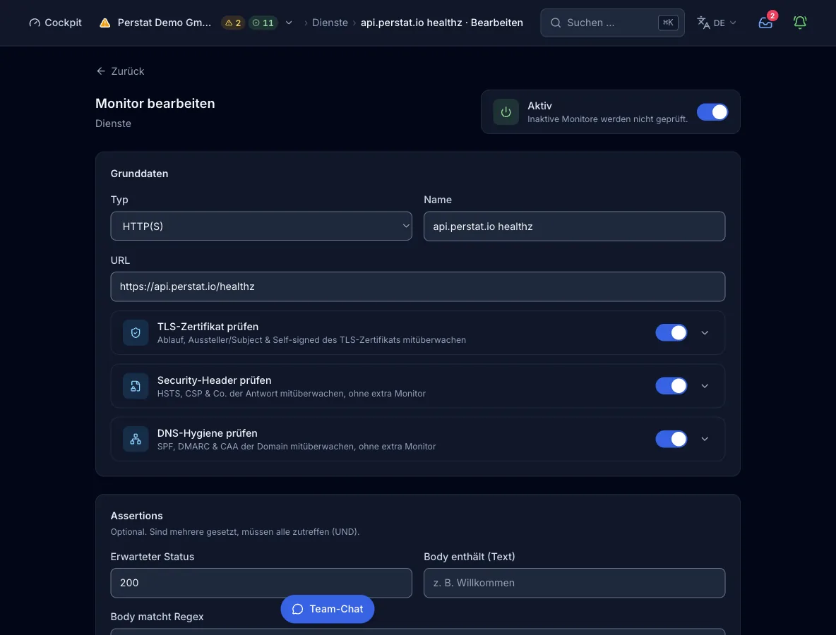 Das Monitor-Formular mit Typ HTTP(S): die URL, 3 Subcheck-Schalter und die Bedingungen für Status, Body-Text und Regex. Die Schalter gelten für TLS-Zertifikat, Security-Header und DNS-Hygiene.