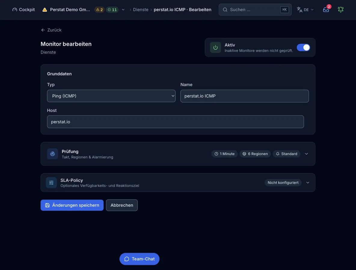 Das Monitor-Formular mit Typ Ping: das Host-Feld mit perstat.io und die eingeklappte Check-Karte mit Intervall, Regionen und Alarmierung.