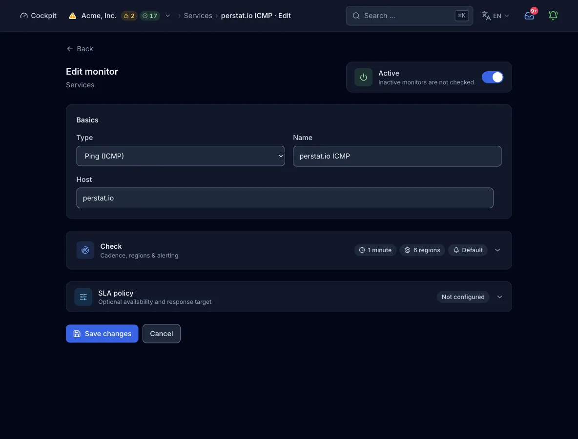 The monitor form with type Ping: the host field with perstat.io and the collapsed check card with interval, regions, and alerting.