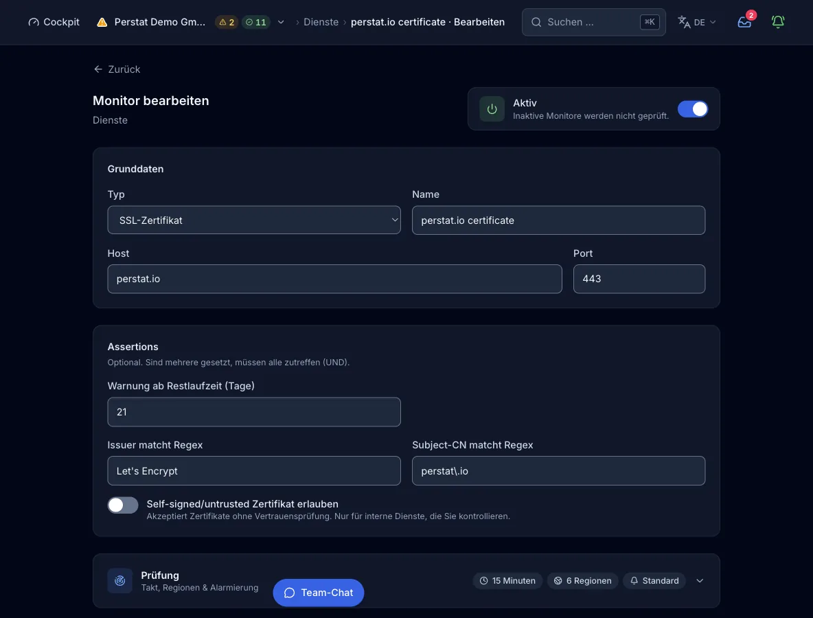 Das Monitor-Formular mit Typ SSL-Zertifikat für perstat.io auf Port 443. Es zeigt ein Warnfenster von 21 Tagen, das Aussteller-Muster Let’s Encrypt, das Subject-Muster und den ausgeschalteten Schalter für selbstsignierte Zertifikate. Die Check-Einstellungen stehen auf 15 Minuten, 6 Regionen und der voreingestellten Alarmierung.