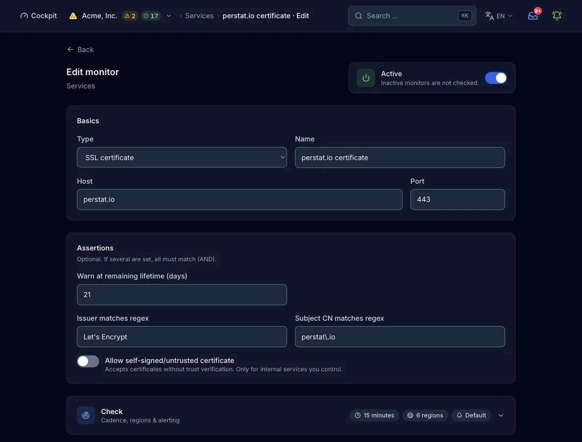 The monitor form with type SSL certificate for perstat.io on port 443. It shows a warning window of 21 days, the issuer pattern Let’s Encrypt, the subject pattern, and the switch for self-signed certificates set to off. The check settings use 15 minutes, 6 regions, and the default alerting.