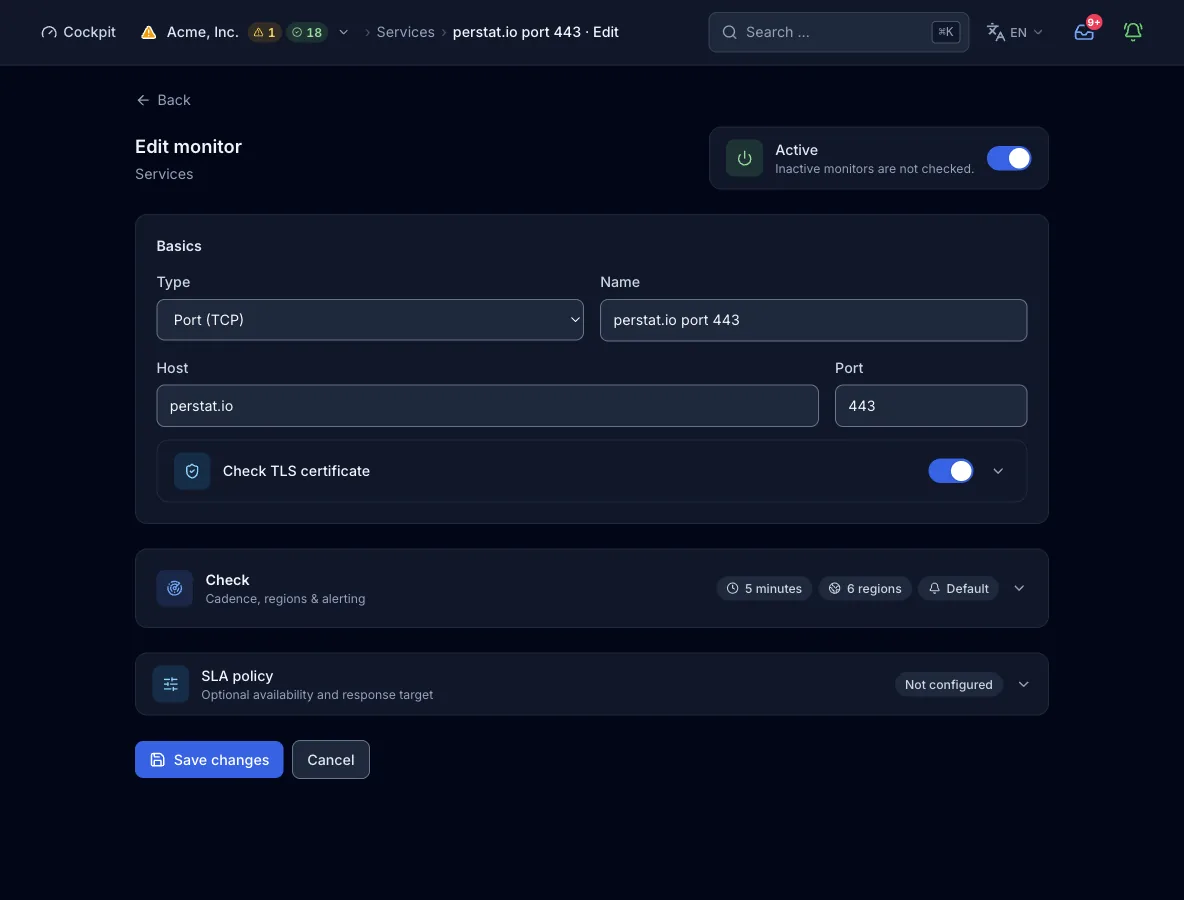 The monitor form with type TCP port: host, port, and the TLS certificate sub-check switch with its warning window and the issuer and subject rules.