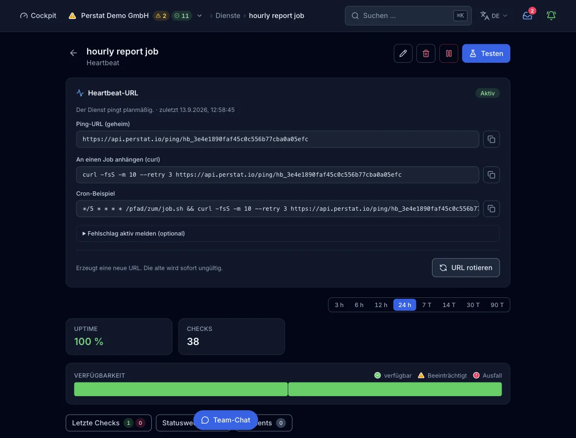Die Monitoransicht eines Heartbeats mit der geheimen Ping-URL auf api.perstat.io, dazu eine curl-Zeile und ein Cron-Beispiel zum Einfügen. Sie zeigt außerdem die eingeklappte Failure-URL und die Schaltfläche URL rotieren, dann Uptime, Check-Zahl und den Verfügbarkeitsbalken.