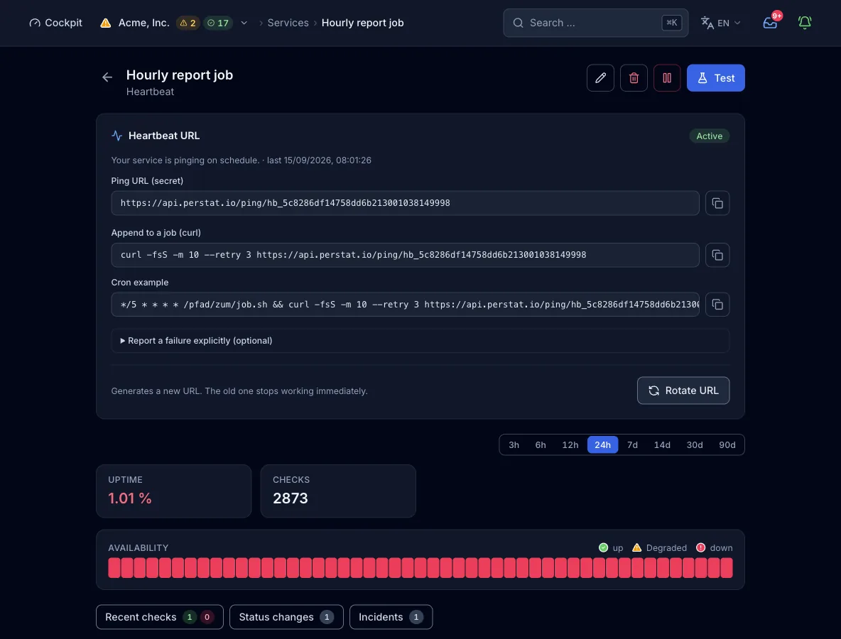 The monitor view of a heartbeat with the secret ping URL on api.perstat.io, plus a curl line and a cron example to paste. It also shows the collapsed failure URL and the Rotate URL button, then uptime, check count, and the availability bar.