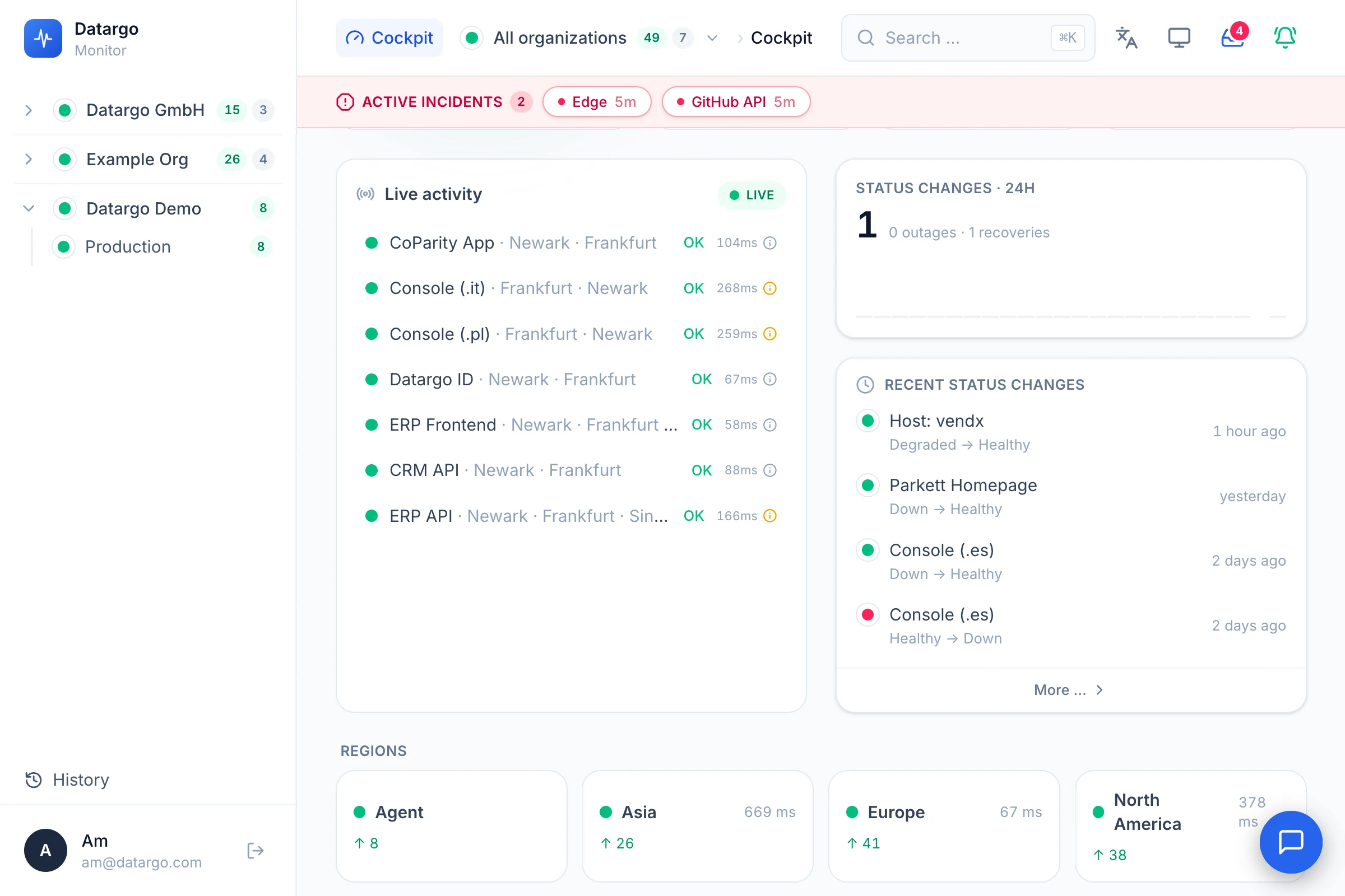 The Perstat cockpit: live activity across services, active incidents, status changes, and per-region latency.