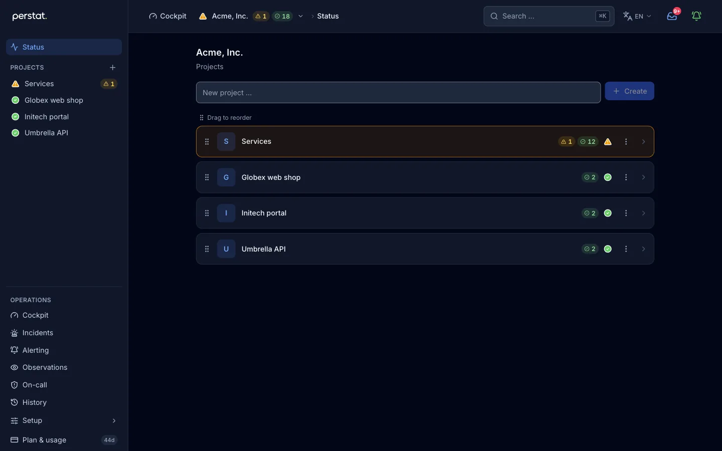 The Acme organization in Perstat with one project per client, each with its own monitors and state.