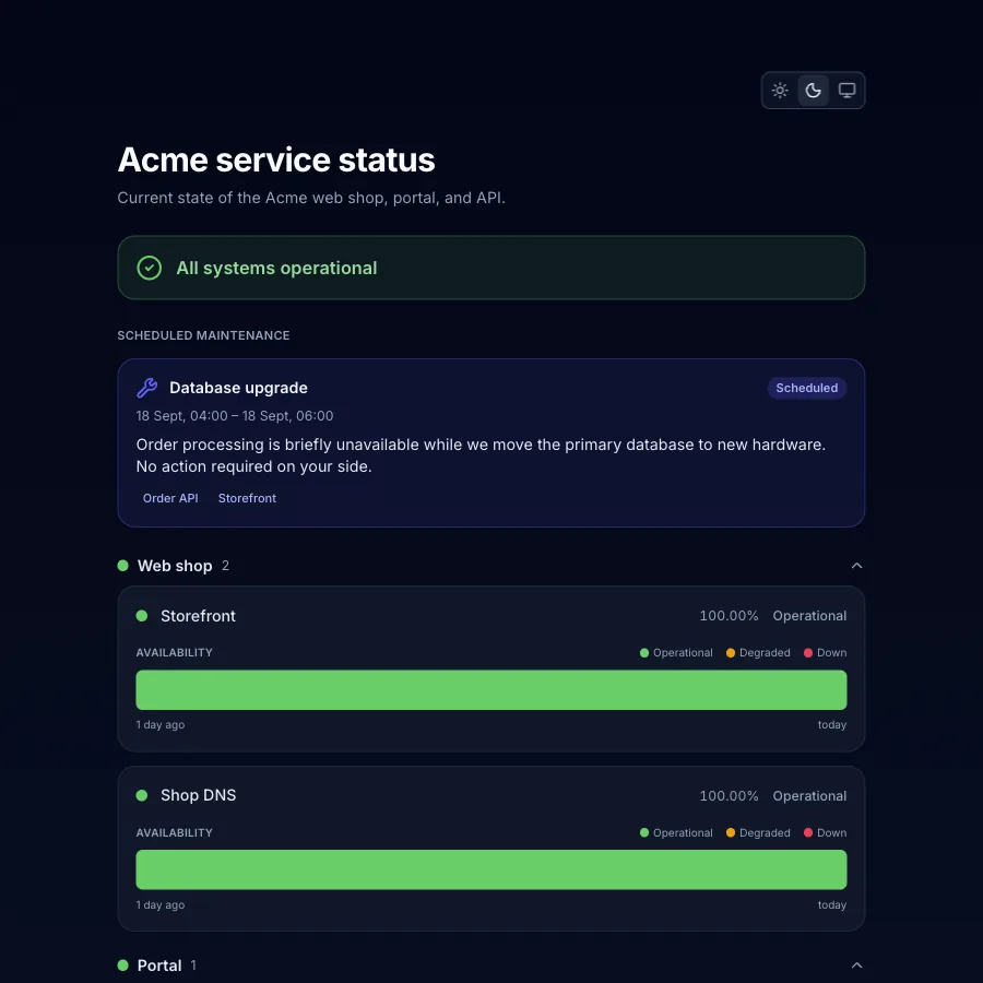 A customer-facing status page with grouped components, 90-day availability bars, and a scheduled maintenance notice